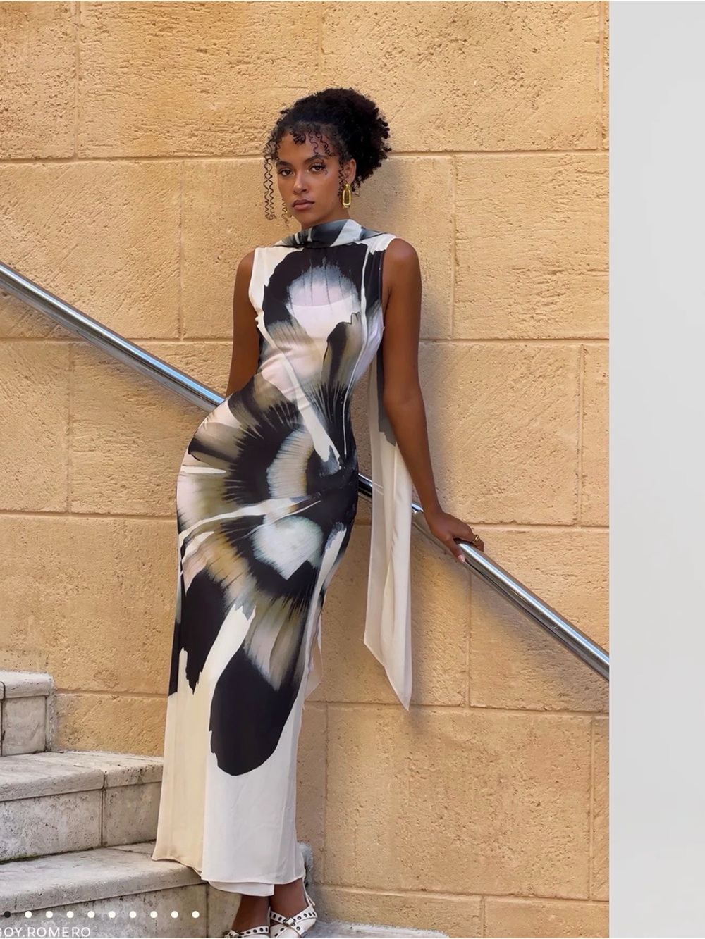 Meshki Black and Cream Abstract Floral Maxi Dress